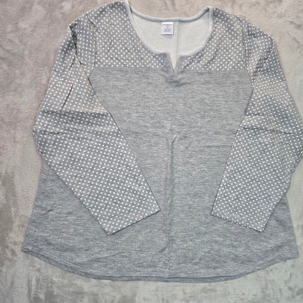 Croft & Barrow Womens 1X Gray Polka Dot Split Neck Long Sleeve Top Pullover